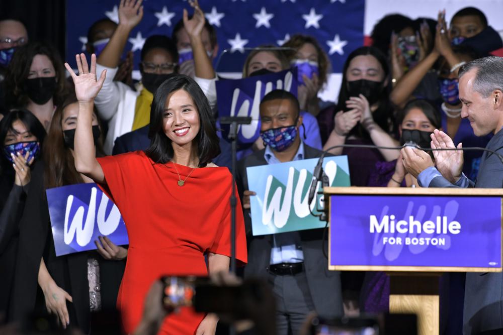 Boston Mayor-elect Michelle Wu greets supporters at her election night party, Tuesday Nov. 2, 2021, in Boston. Wu defeated fellow City Councilor Annissa Essaibi George in the race. (AP Photo/Josh Reynolds)